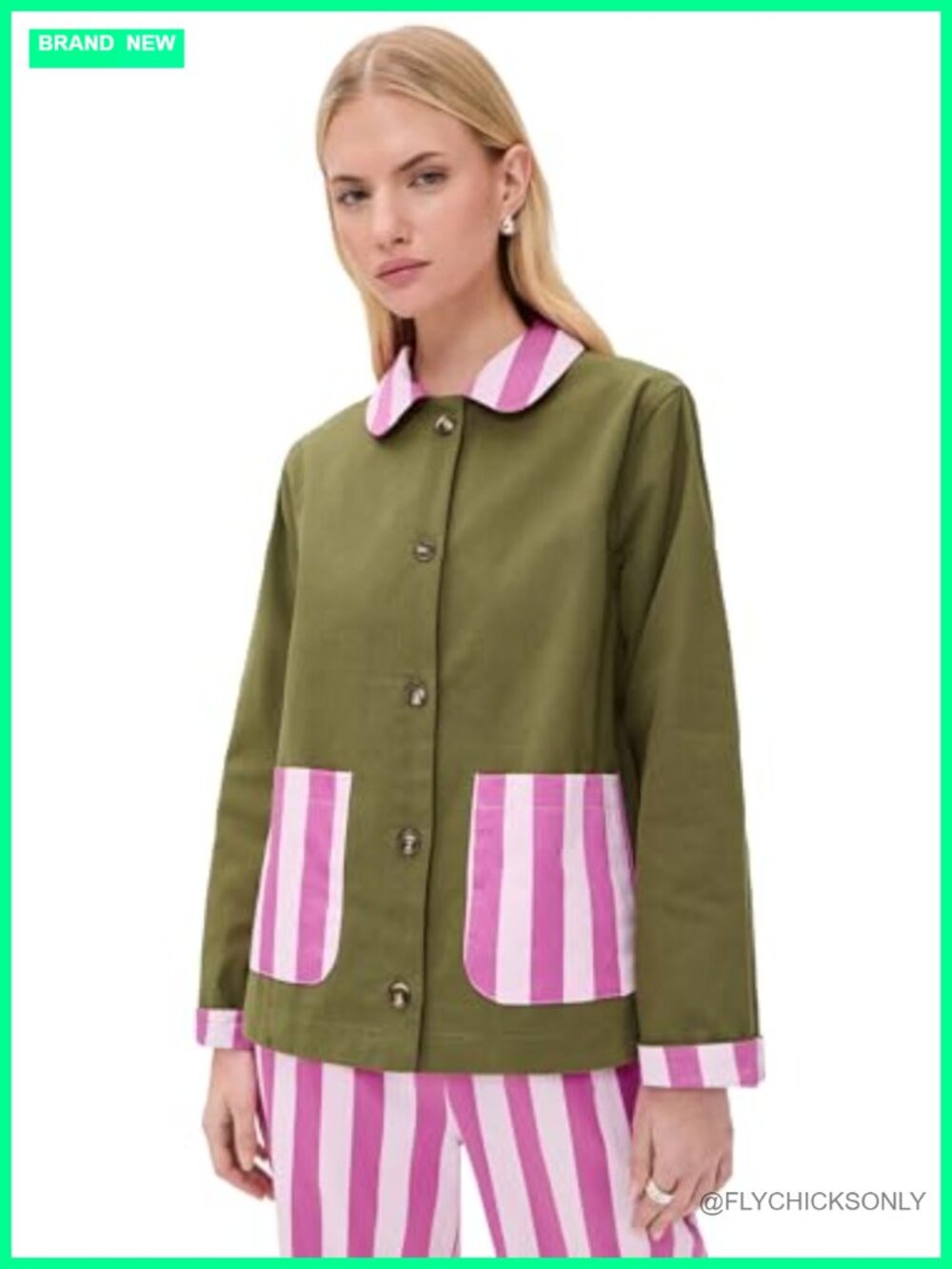Striped Twill Anorak Jacket Long Sleeve Point Collar Fall Casual